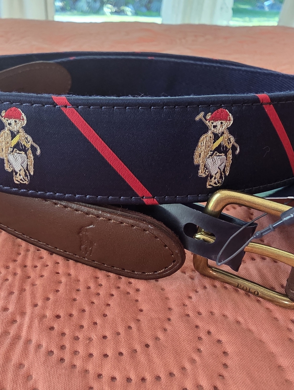 Polo Ralph Lauren Men's Leather-Trim Navy Bear Logo Belt Size 40 Brand New